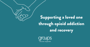 One hand holds another in the top left corner. Supporting a loved one through opioid addiction and recovery. Groups logo.